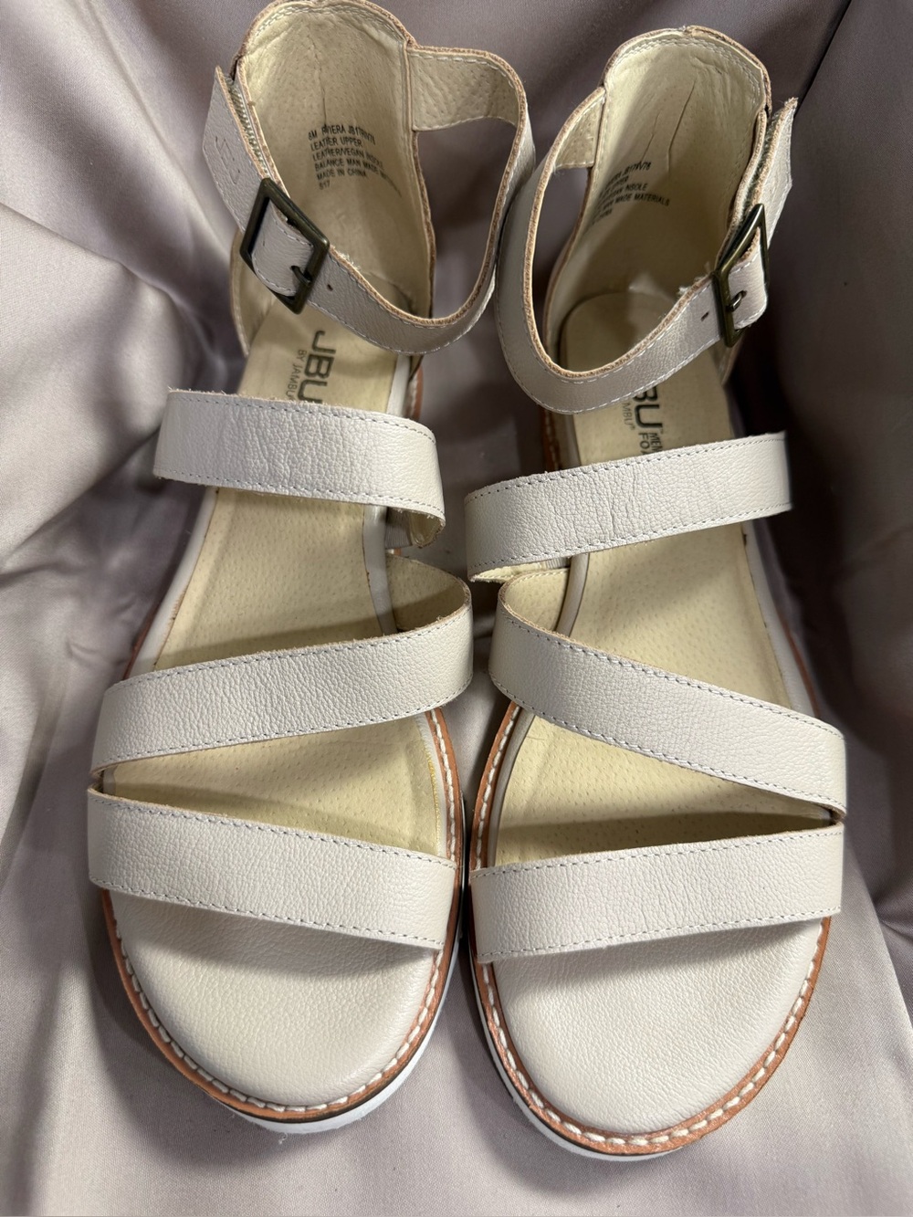 JBU White Triple-Strap Ankle Buckle Sandals